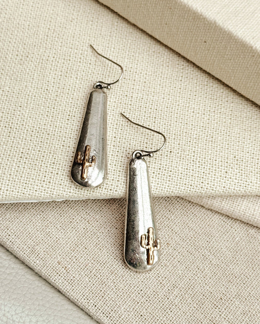 24-6250 Antique Two Tone Cactus Western Drop Earrings