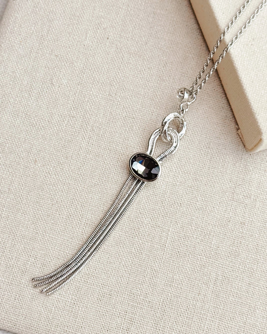 8-2003 Gracie Rose Silver Rhinestone Crystal Tassel Necklace