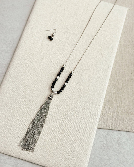 6-2362 Rhodium Black Beaded Tassel Necklace Set