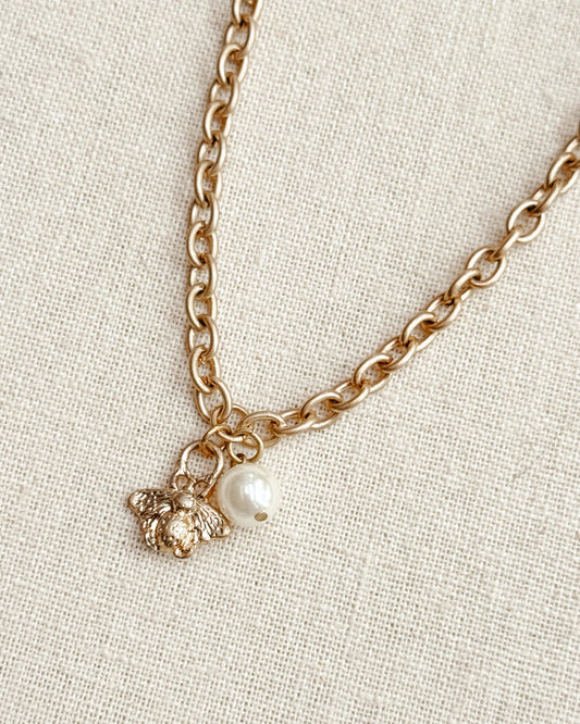 37-8487 Matte Gold Butterfly Faux Pearl Charm Necklace