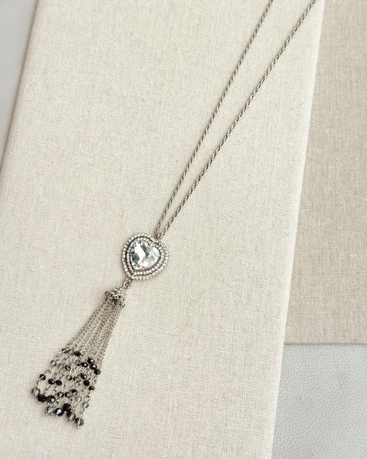 33-99336 Silver Rhinestone Heart Tassel Necklace