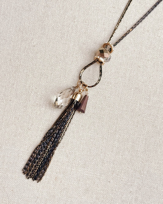 3-4703 Black & Gold Crystal Tassel Pendant Necklace Set