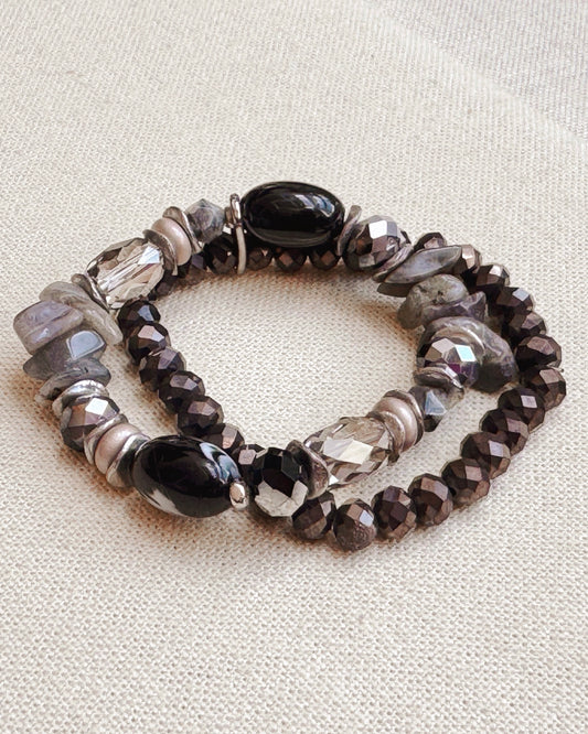 3-5858 Black & Grey Agate & Crystal Stretch Bracelet Set