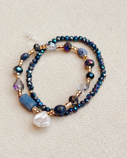 3-76761 Blue & Gold Agate & Crystal Stretch Bracelet Set