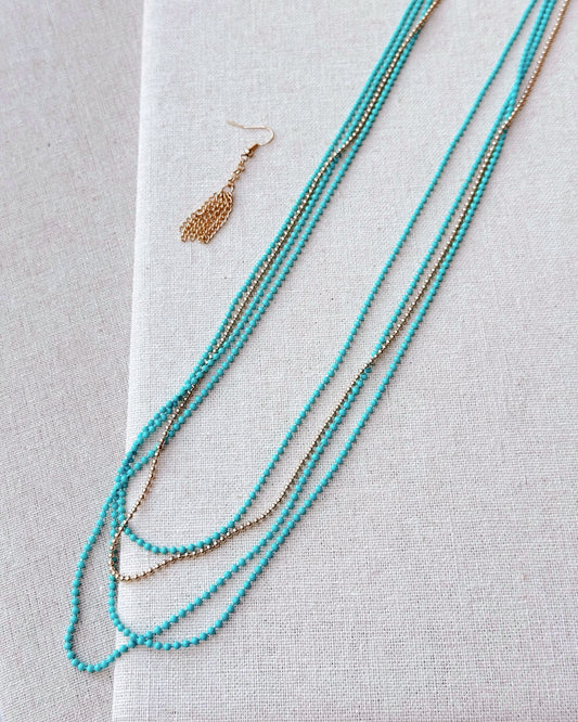 43-0228 Turquoise Blue & Gold Ball Chain Layered Necklace Set