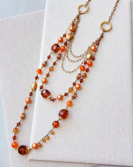 3-7878 Pumpkin Spice Beaded Layers Long Necklace Set