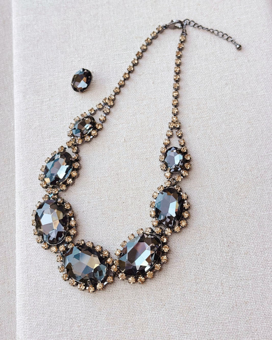 25-1861 Grey & Champagne Rhinestone Large Statement Necklace Set