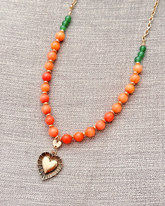 16-038 Gracie Rose Coral Jade Heart Charm Necklace Gold Gemstone