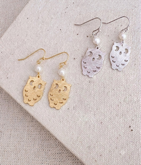 24-5494 Gracie Rose Gold & Silver Owl Charm Earrings with Pearl