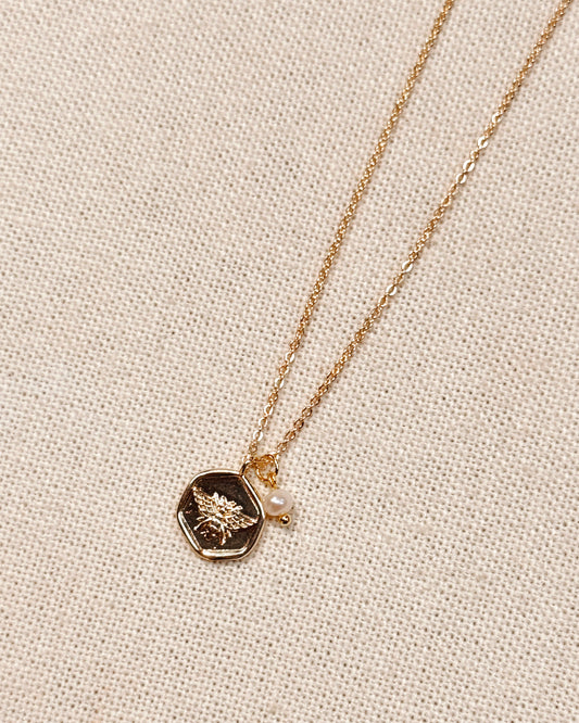 8-7007 Gracie Rose Gold Bee Coin Charm Necklace with Pearl Accent