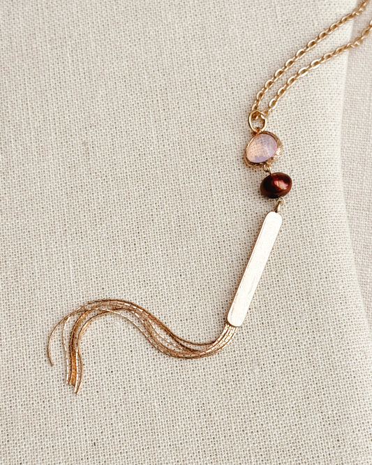8-5050 Gracie Rose Matte Gold Gem & Pearl Tassel Pendant Necklace