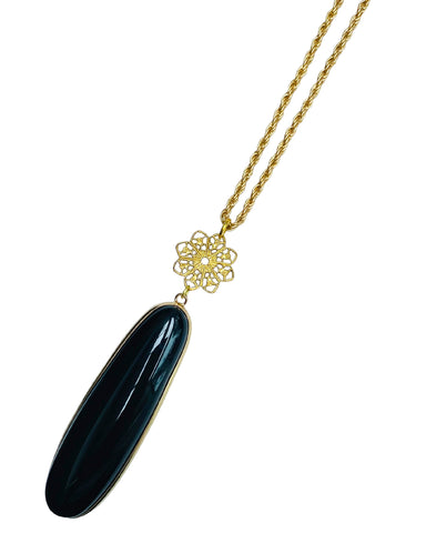 16-1604 Matte Gold & Black Agate Filigree Pendant Necklace
